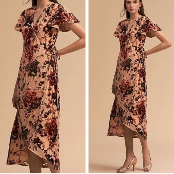 BHLDN Dresses & Skirts - BHLDN Anthro Blush Velvet Burnout Floral Wrap Midi Dress Wedding Bridesmaid MED